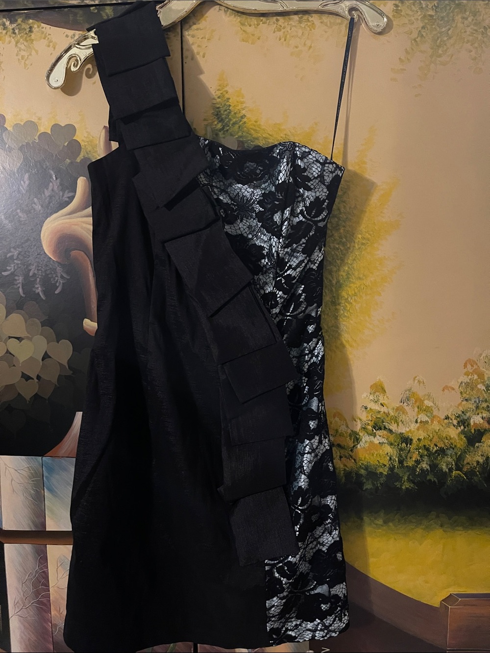 Jessica McClintock Black One-Shoulder Ruffled Cocktail Dress